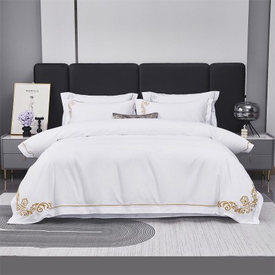 New Cotton High Count Gongsatin Jet Embroidery Hotel Hotel Set of Four Pieces Bed Sheet Set of Four Pieces Fashion Gold